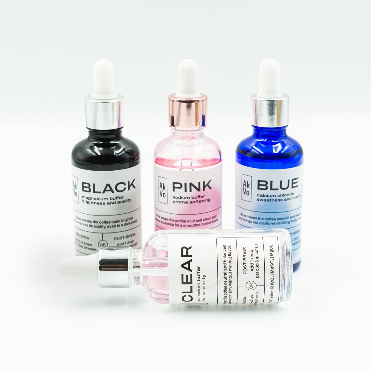 AkVo mineral dropper bottles: Black, Pink, Blue and Clear