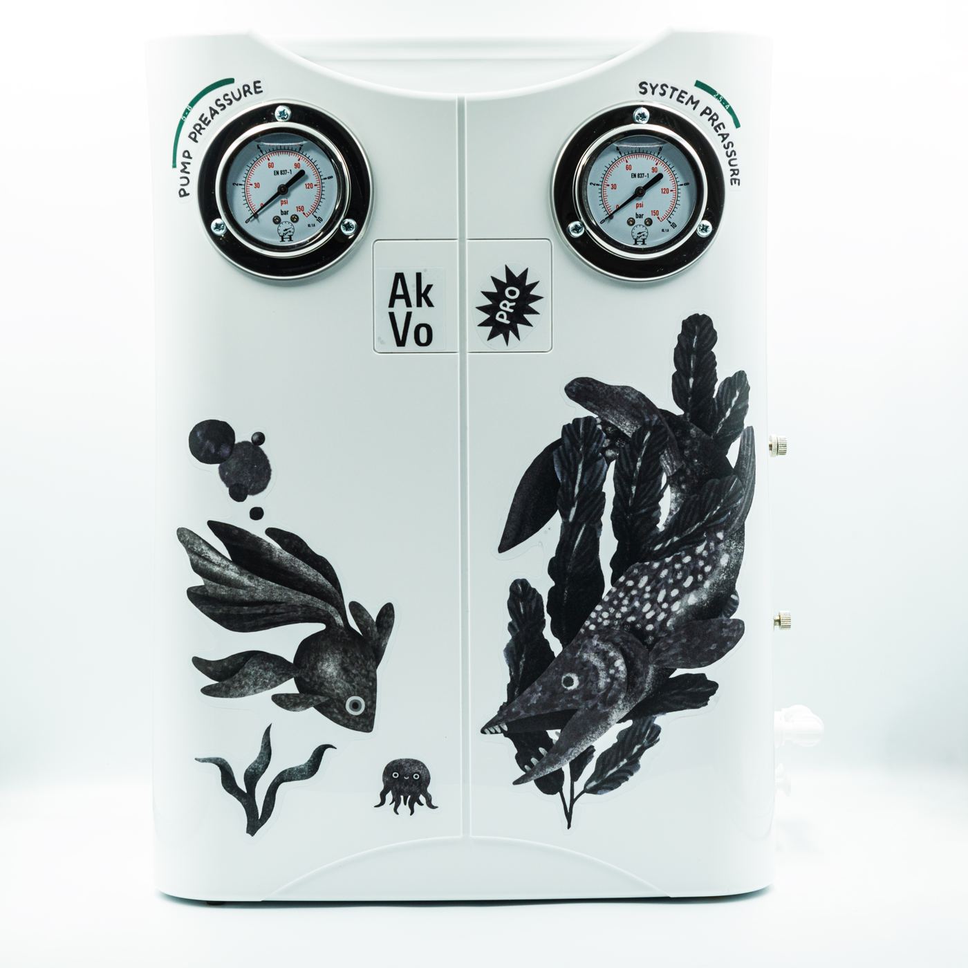 AkVo PRO water system, front view with two pressure gauges and ink fish illustrations